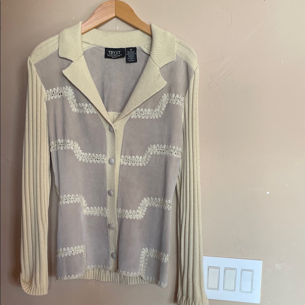 TRYST LEATHER beige gray and Light Yellow Women's Cardigan. Sz M.